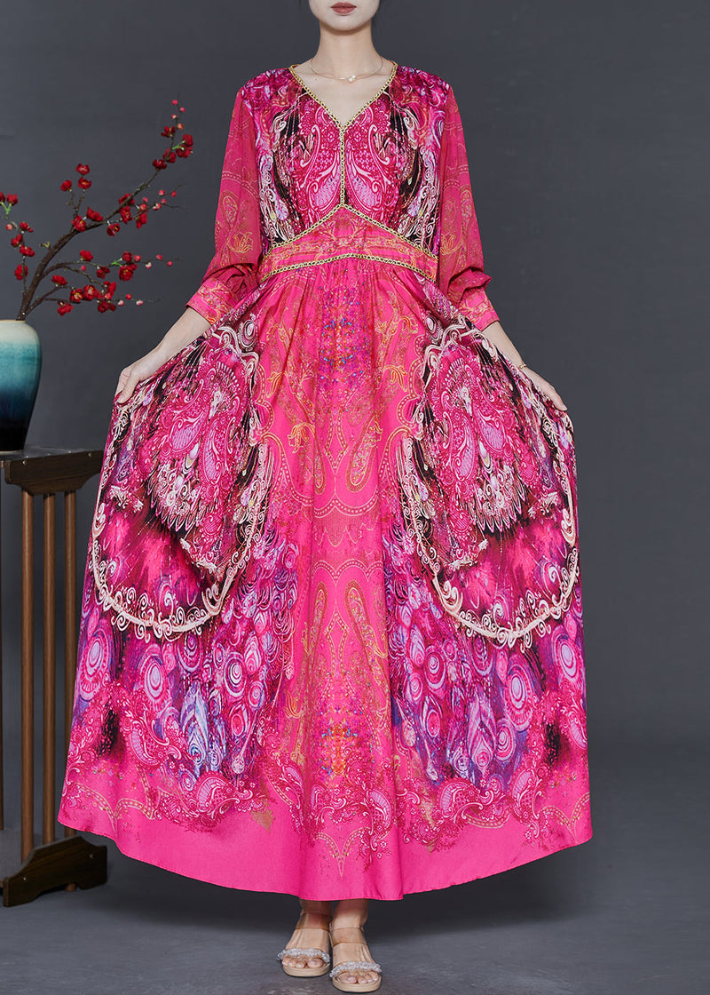 Rose V Neck Print Chiffon Style Dress Fall