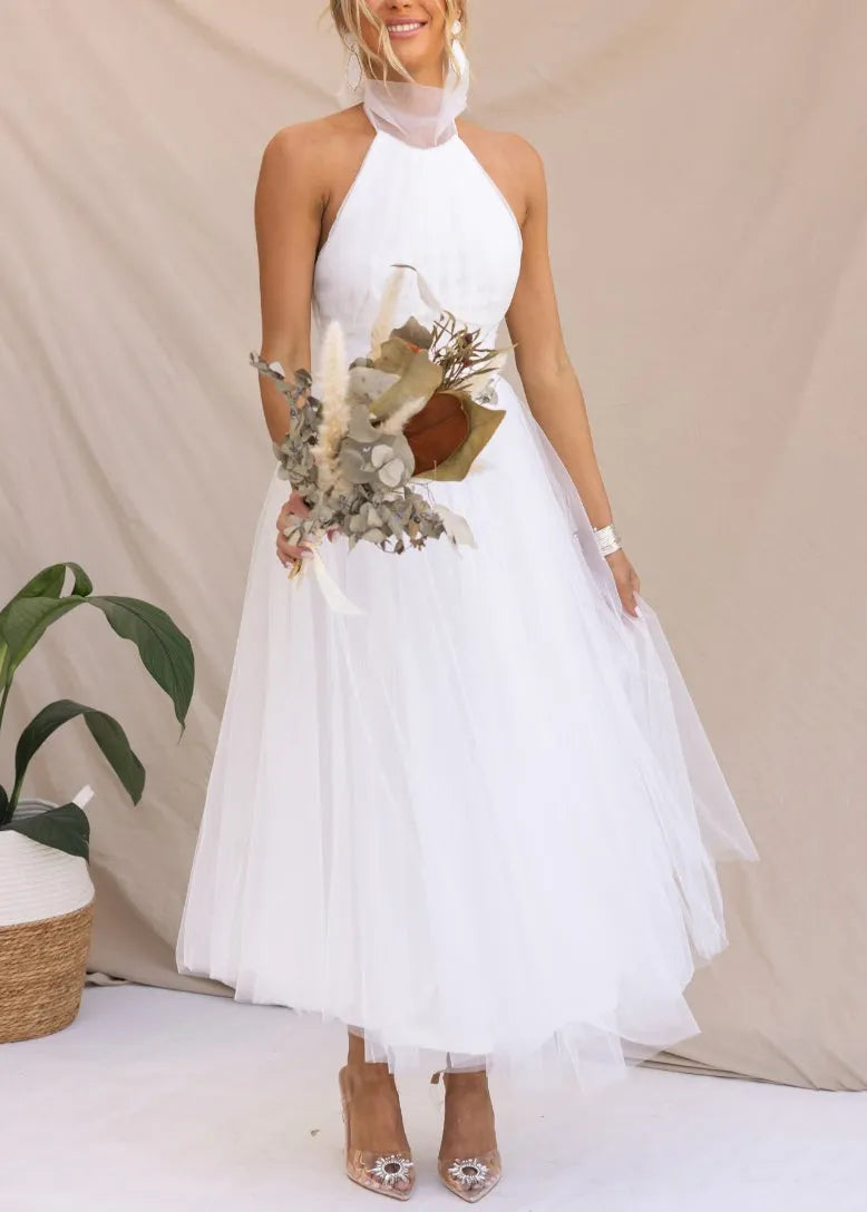 French Apricot Hign Neck Wrinkled Patchwork Tulle Dress Sleeveless