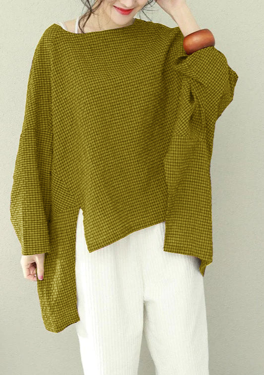 Asymmetric Cotton Fine Work Black Brown Plaid Oversized Tops