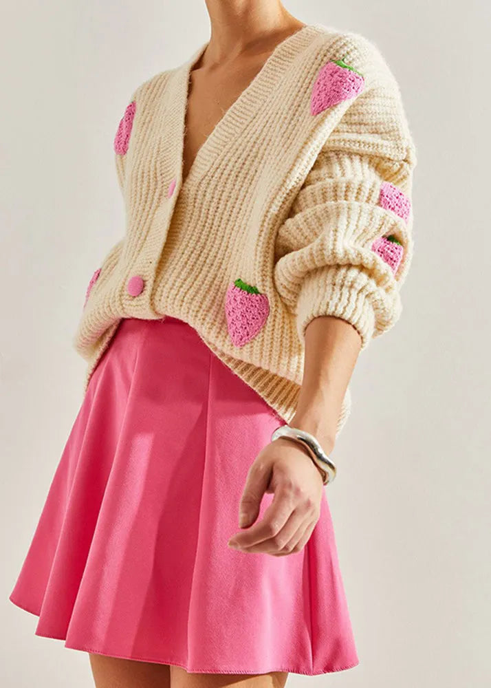Beige V Neck Hook Flower Knit Cardigan Fall