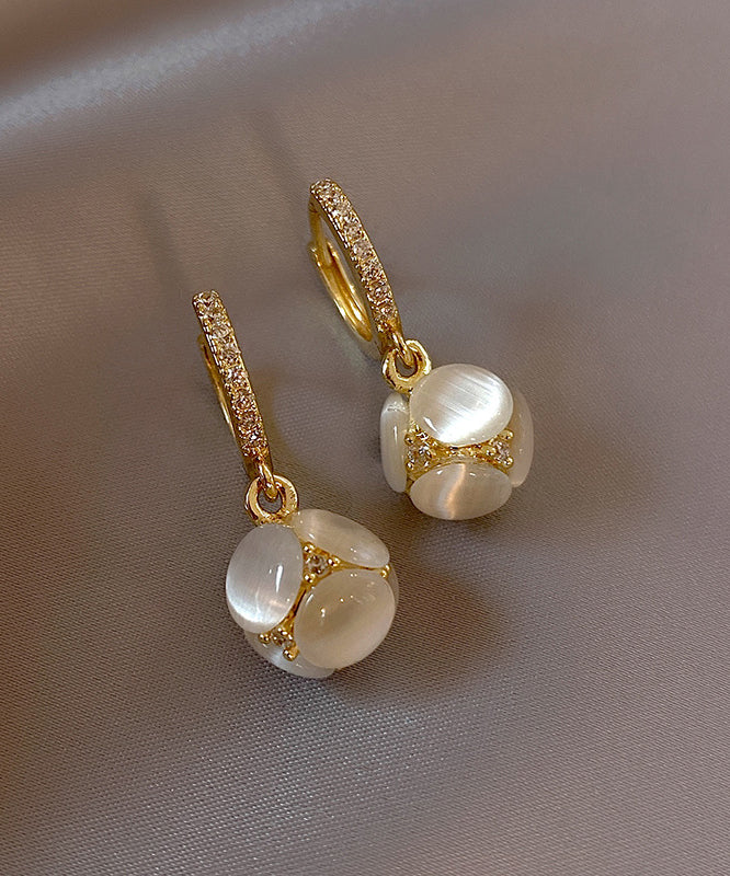 Gold Sterling Silver Overgild Zircon Cat's Eye Stone Drop Earrings