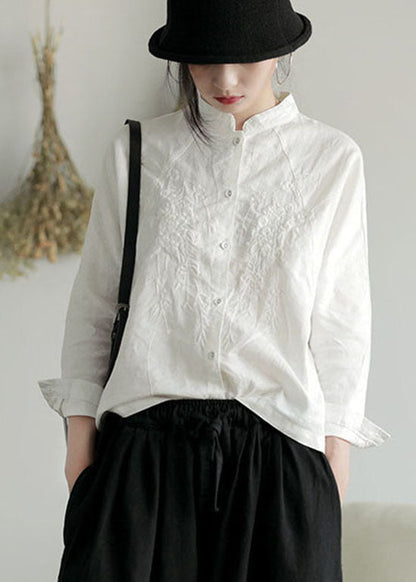 White Stand Collar Button Embroidered Shirt Top Long Sleeve
