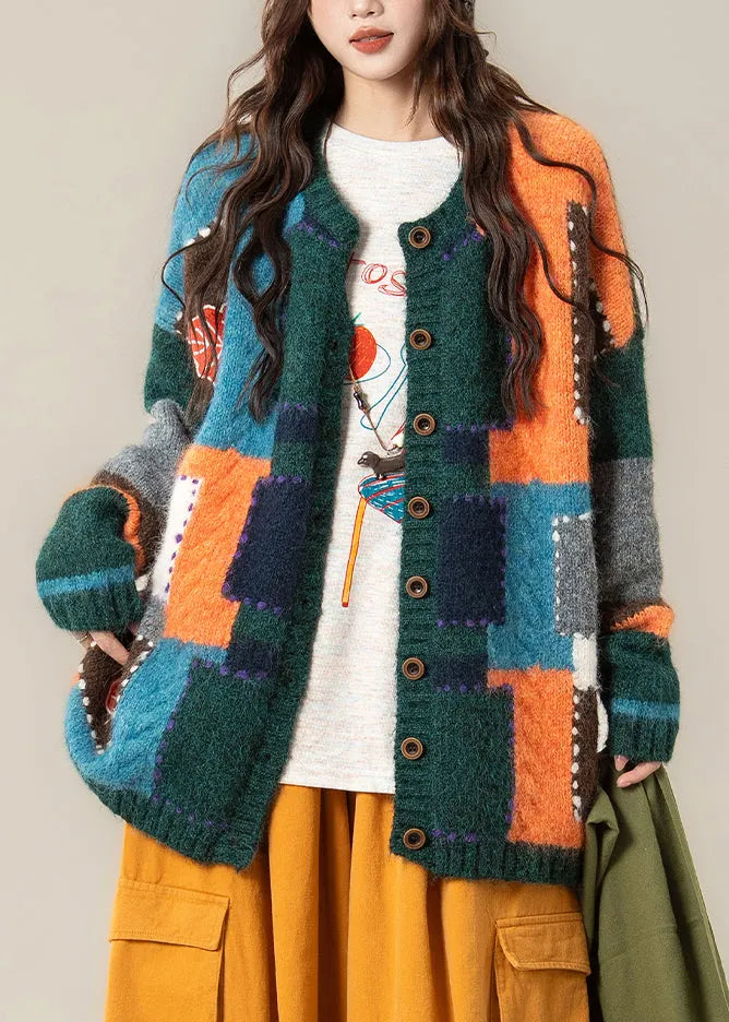 Unique Green Geometric Button Patchwork Knit Coat Spring