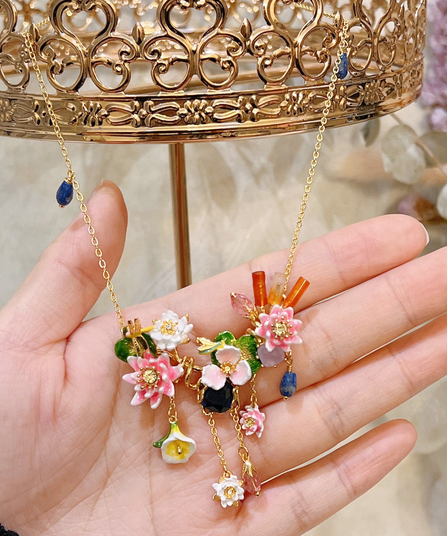 Gold Sterling Silver Overgild Dragonfly Gem Stone Lotus Leaf Pendant Necklace