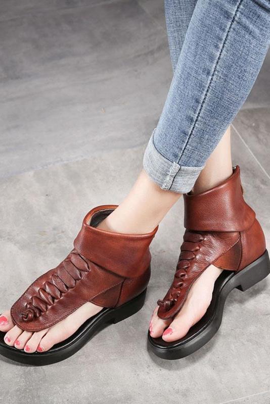 Soft Leather Low Heels Brand Summer Shoes Genuine Leather Sandals Handmade Rome Shoe