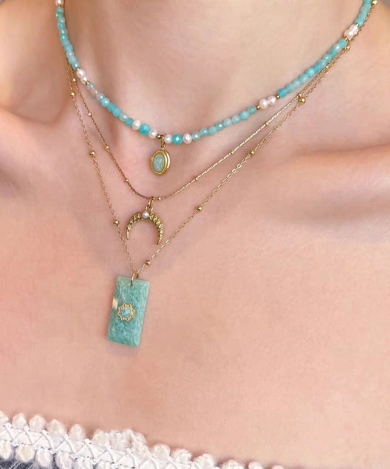 Blue Sterling Silver Overgild Beading Amazonite Pendant Necklace Three-piece Set