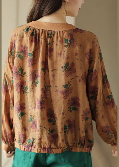 Orange O Neck Wrinkled Print Patchwork Linen Shirt Tops Spring