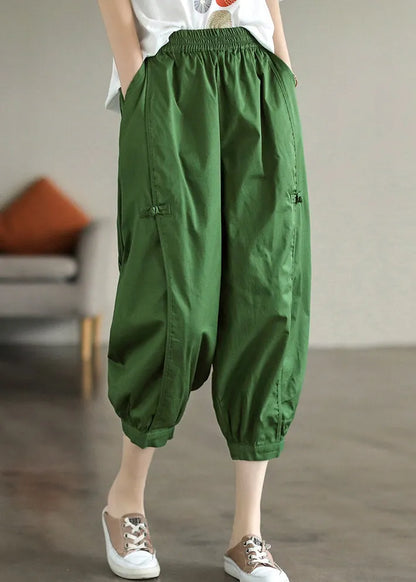 Fine Ginger Patchwork Button Cotton Crop Pants Summer