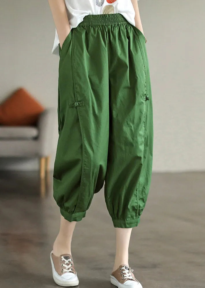 Fine Ginger Patchwork Button Cotton Crop Pants Summer