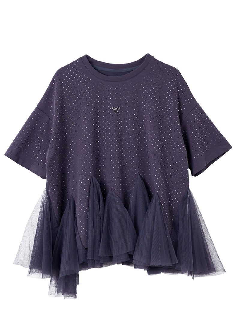 Grey O-neck Tulle Patchwork Zirco Knit T Shirt Short Sleeve