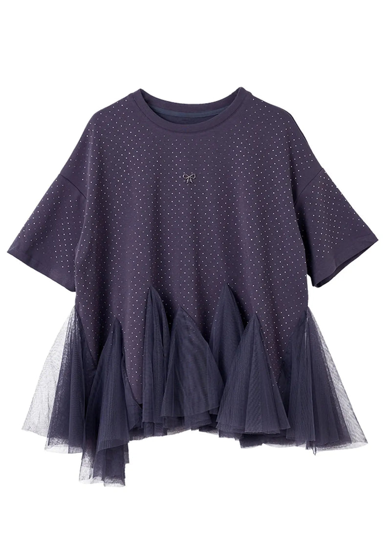 Grey O-neck Tulle Patchwork Zirco Knit T Shirt Short Sleeve