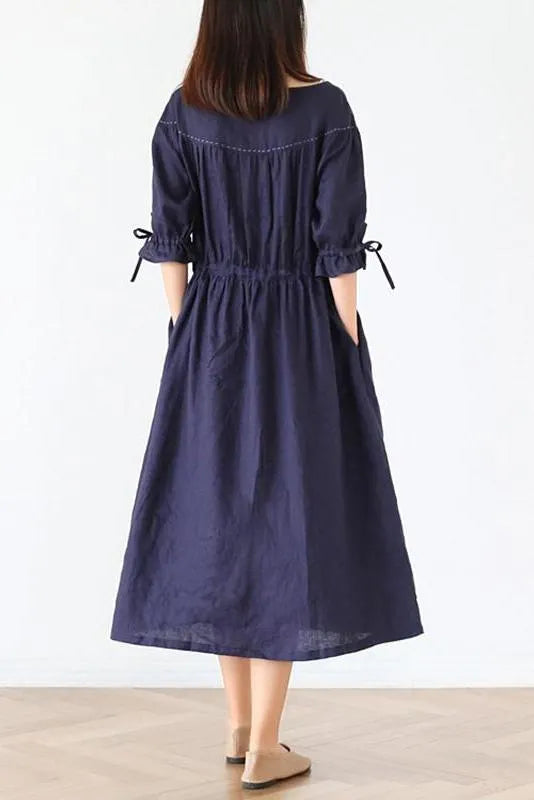 Linen Half Sleeve Round Neck Dress