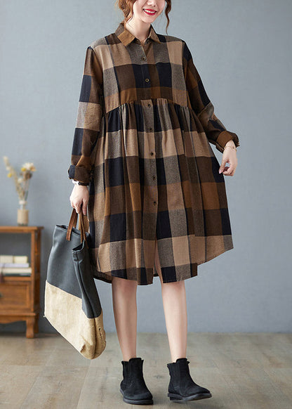 Peter Pan Collar Button Wrinkled Long Plaid Shirts Dress Long Sleeve