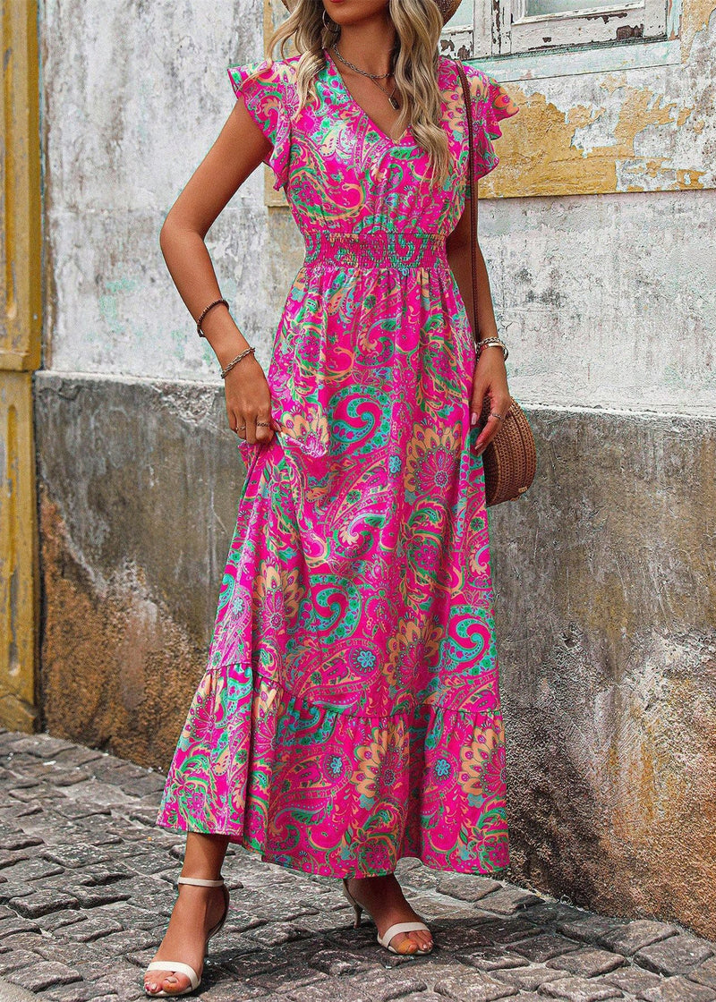 Rose V Neck Print Cotton Maxi Dress Butterfly Sleeve