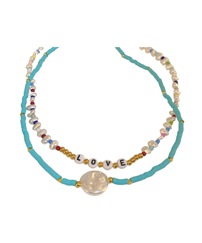 Blue Alloy Acrylic Pearl Bilayer Beading Graduated Bead Necklace