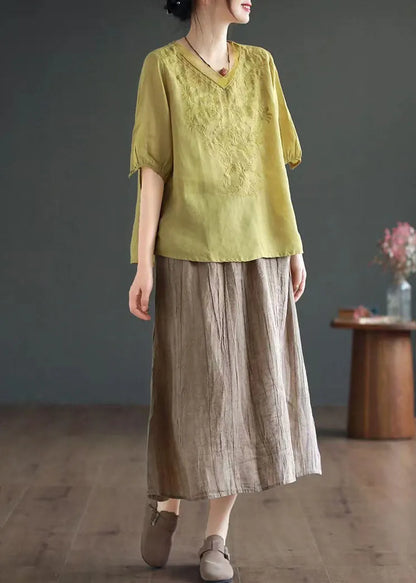 Boutique Yellow V Neck Embroidered Patchwork Linen T Shirt Summer