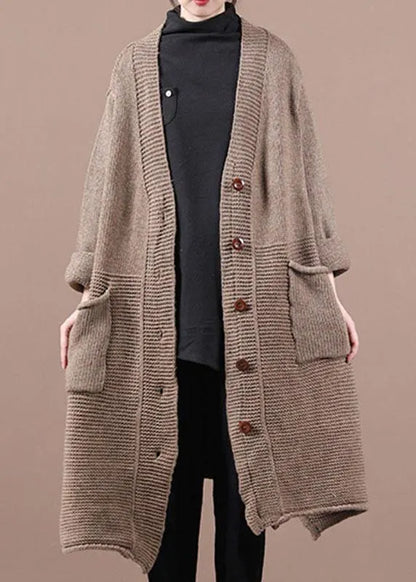 Chocolate V Neck Pockets Fall Long Sweater Coat