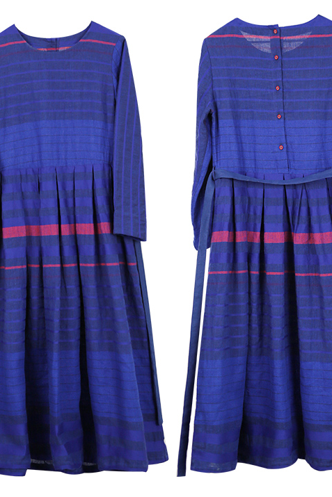 Loose Linen Blue Striped Dress