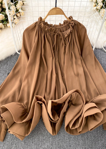 Brown Ruffled Patchwork Chiffon Maxi Skirt Spring