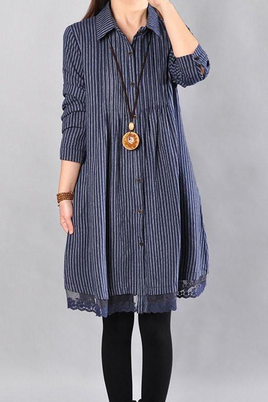 Limited Stock- Loose Cotton Linen Printing Lace Hem Dress