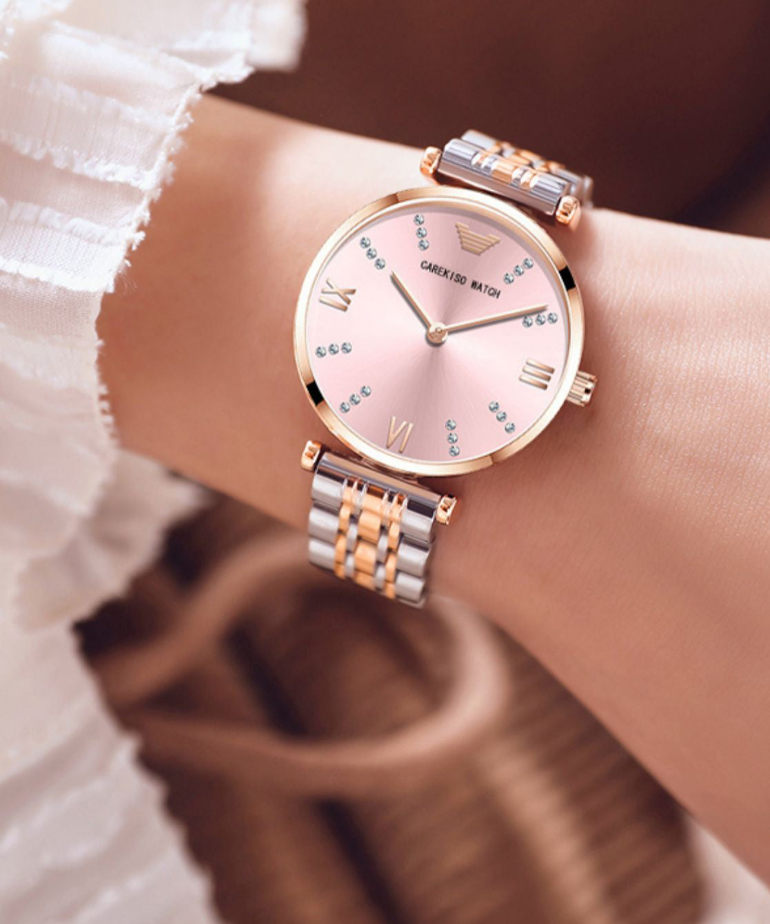 Gold White Stainless Steel Zircon Tempered Glass Watch