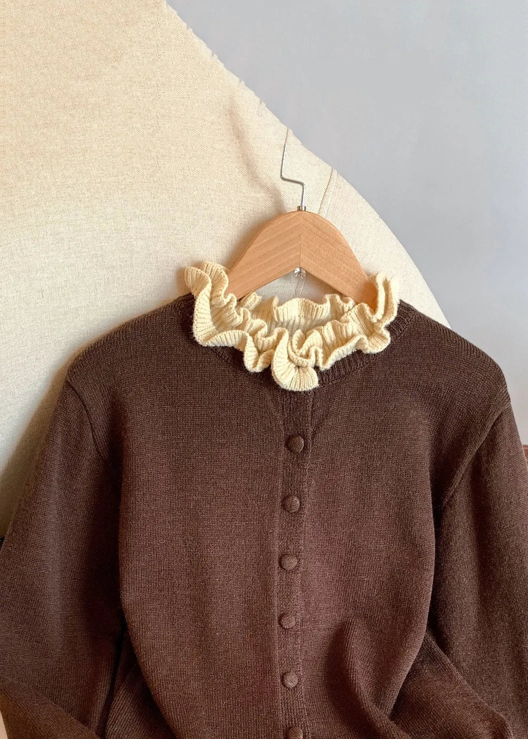 Coffee Ruffled Button Patchwork Knit Coats Winter