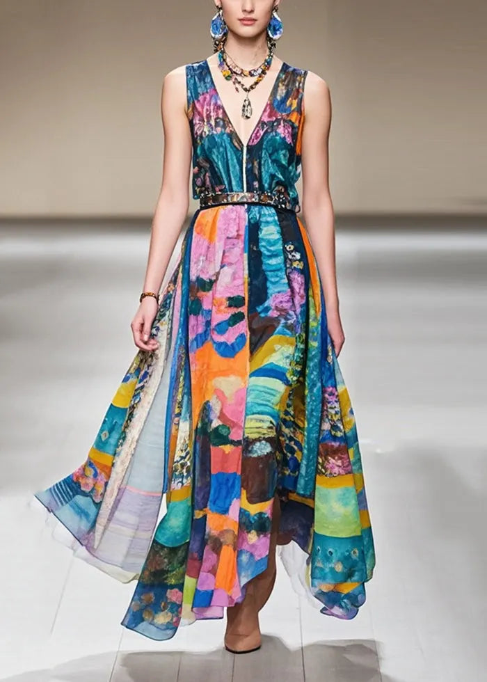 Cinched Print Exra Large Hem Chiffon Dresses Sleeveless
