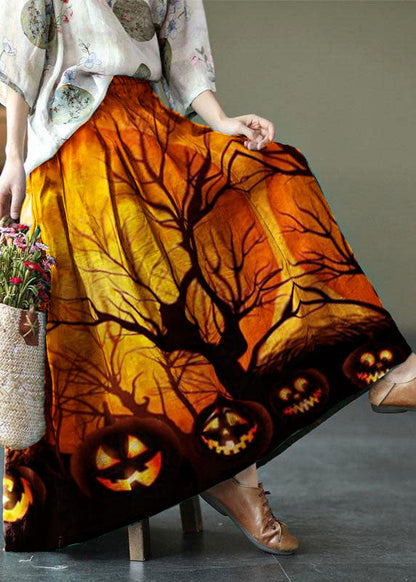 Brown-pumpkin Print Ramie Elastic Waist Skirt