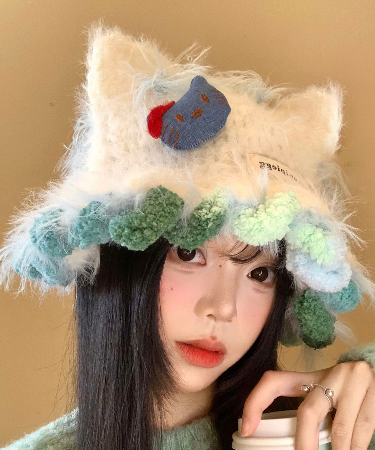 Beige Cat's Ears Warm Knitting Hat Winter