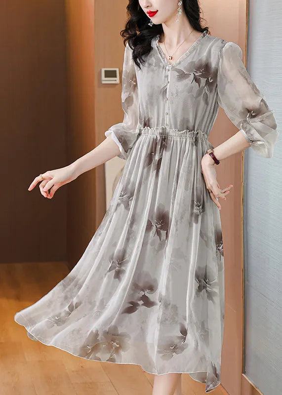 V Neck Print Ruffled Silk Chiffon Dresses Lantern Sleeve