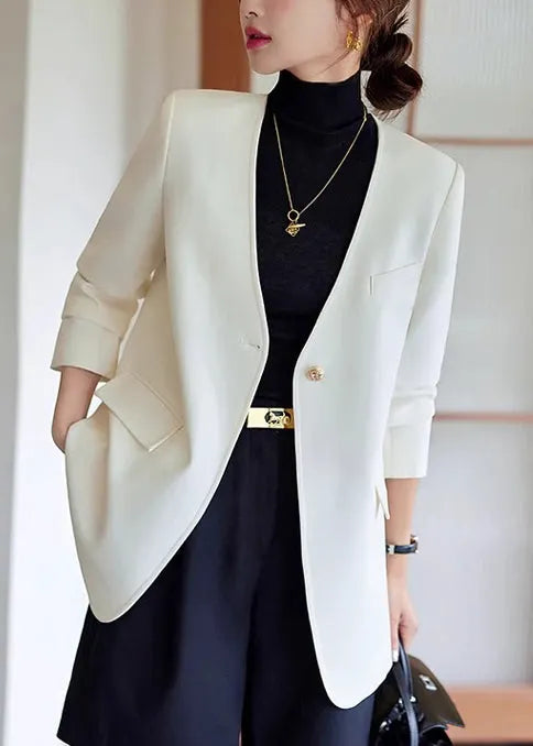White V Neck Cotton Jackets Spring