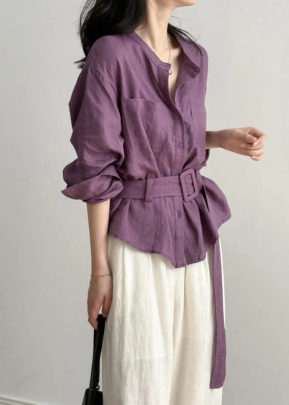 Purple Button Pockets Linen Shirt Top O Neck