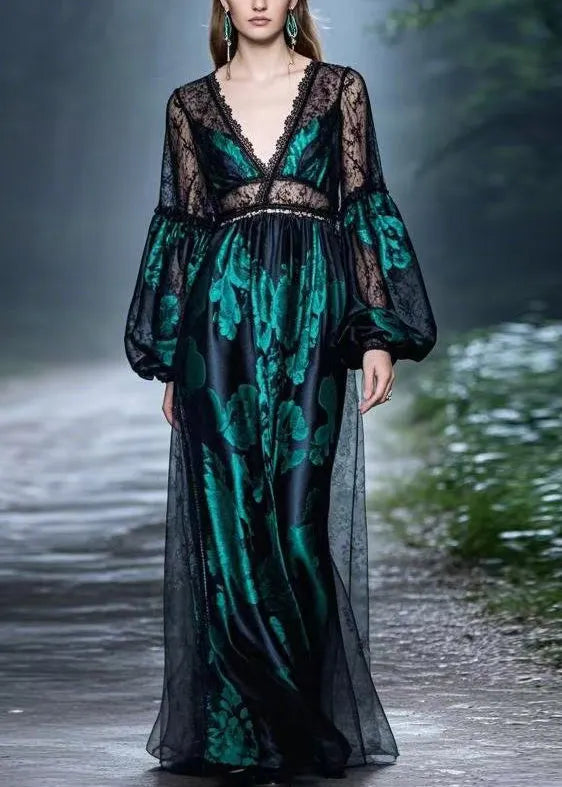 Black Lace Patchwork Silk Long Dresses Spring