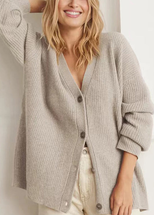 Simple Khaki V Neck Button Loose Knit Cardigan Fall