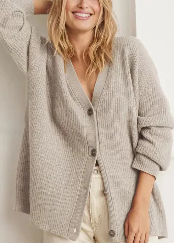 Simple Khaki V Neck Button Loose Knit Cardigan Fall
