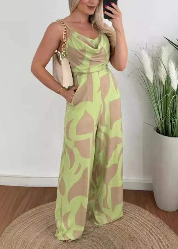 Stylish Yellow Green Print Cotton Spaghetti Strap Jumpsuit Summer