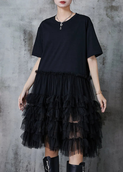 Black Oversized Patchwork Cotton Dresses Summer