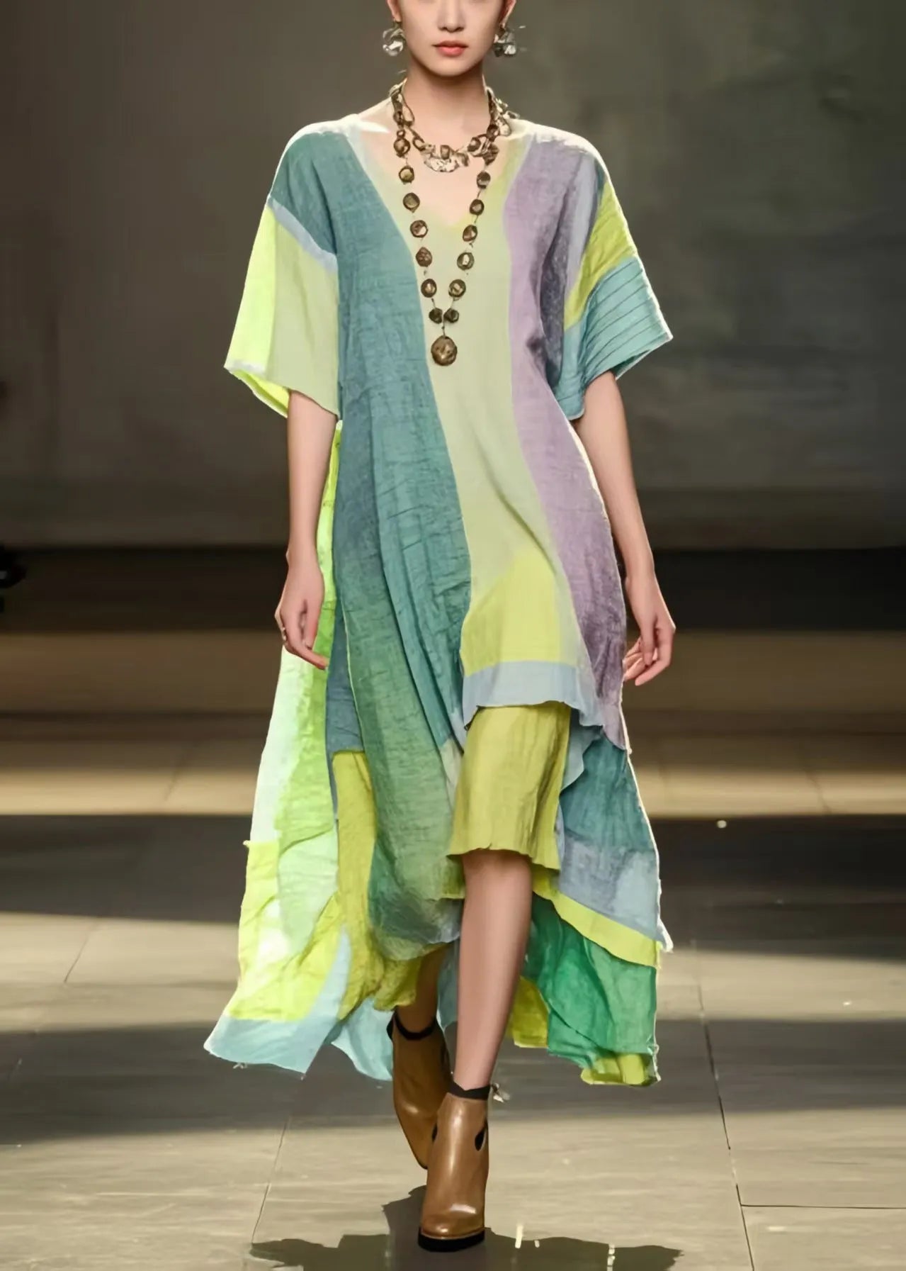 Modern Rainbow Asymmetrical Design Cotton Holiday Dress Summer