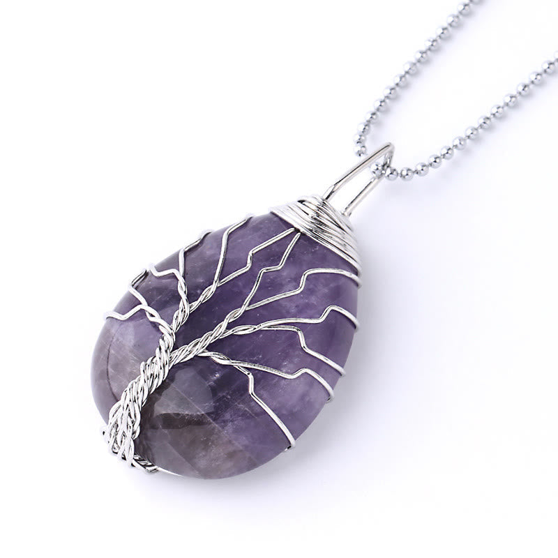 Buddha Stones Natural Quartz Crystal Tree of Life Healing Energy Necklace Pendant