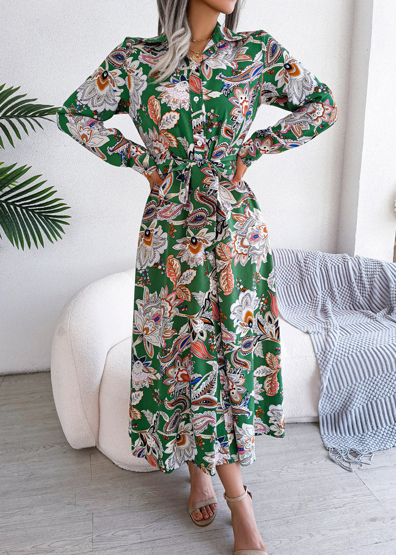 Royal Blue Peter Pan Collar Print Chiffon Shirts Dress Spring