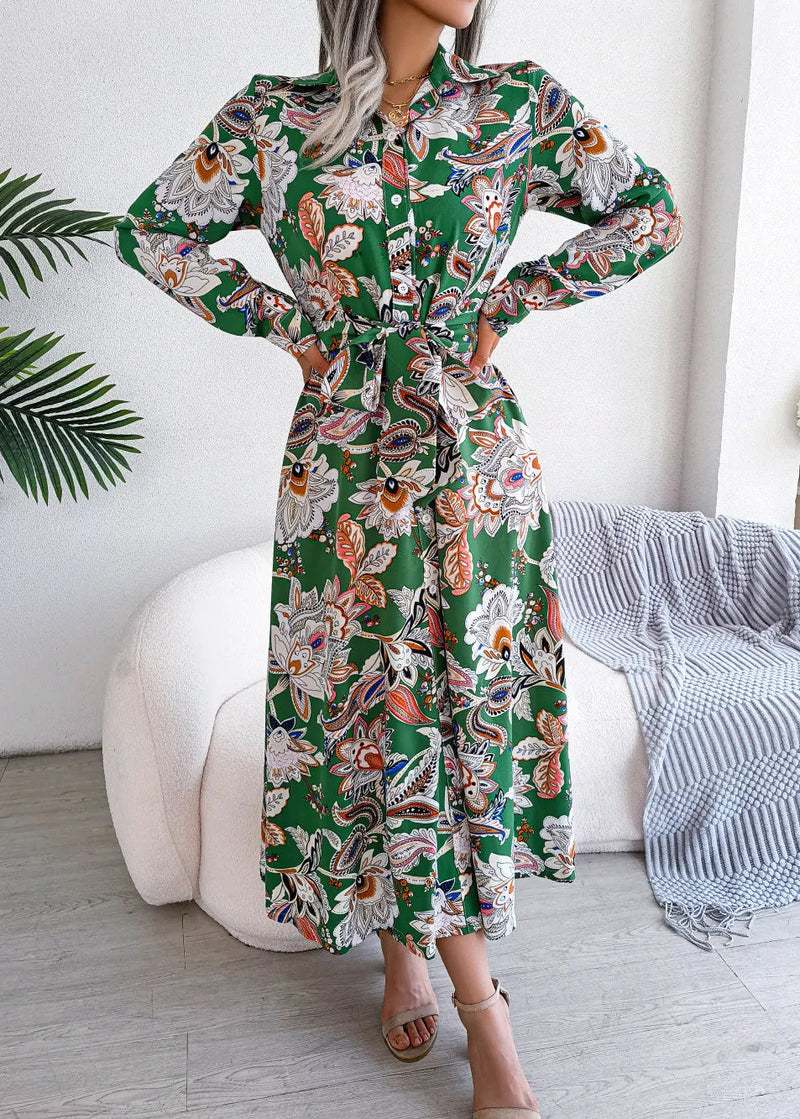 Royal Blue Peter Pan Collar Print Chiffon Shirts Dress Spring