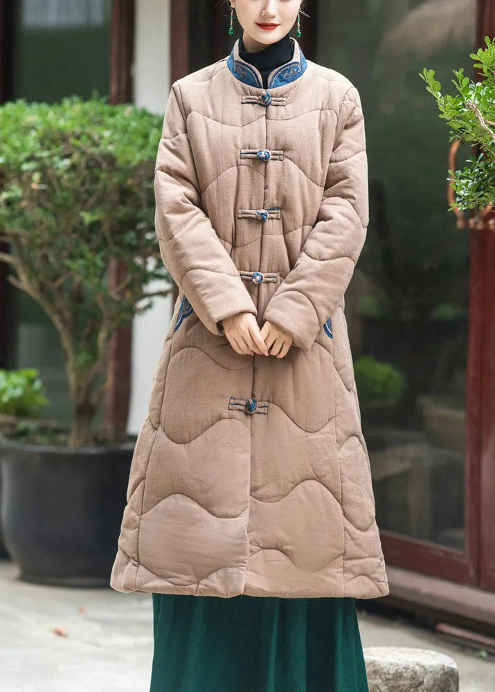 Khaki Stand Collar Embroidered Lengthen Fine Cotton Filled Witner Coat