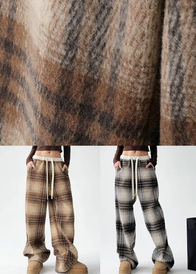Yellow Plaid Warm Fleece Draping Woolen Wide Leg Pants Spring