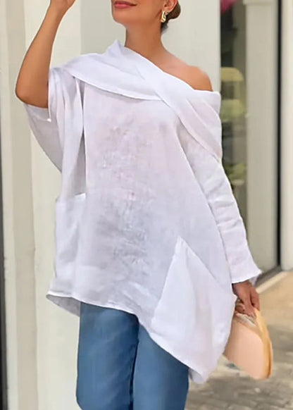 Stylish White Slash Neck Pockets Cotton Top Batwing Sleeve