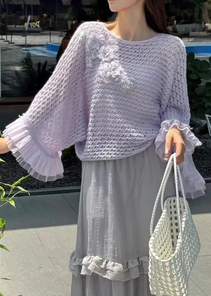 White Hollow Out Patchwork Knit Sweater Fall