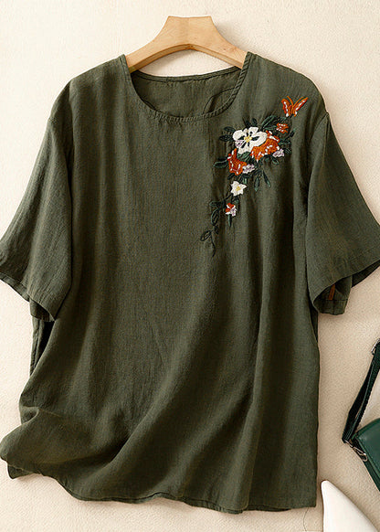 Khaki O Neck Embroidered Linen T Shirts Summer
