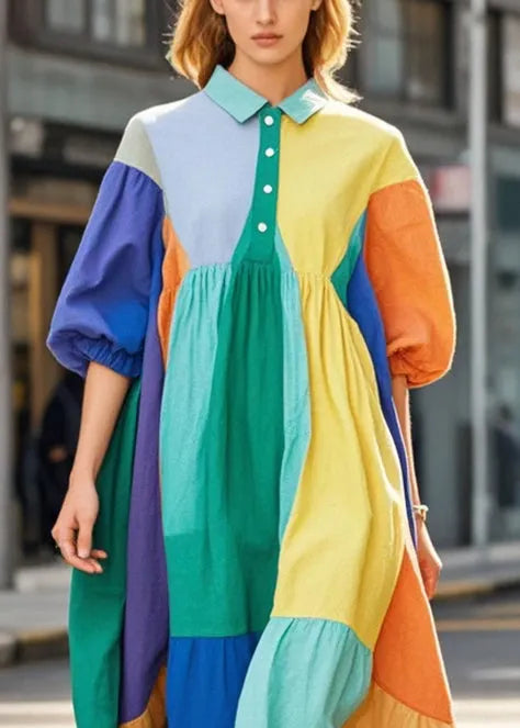 Asymmetrical Patchwork Exra Large Hem Chiffon Holiday Dress Half Sleeve