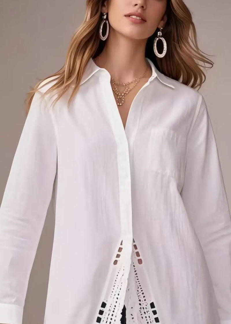 White Oversized Hollow Out Cotton Long Shirts Spring