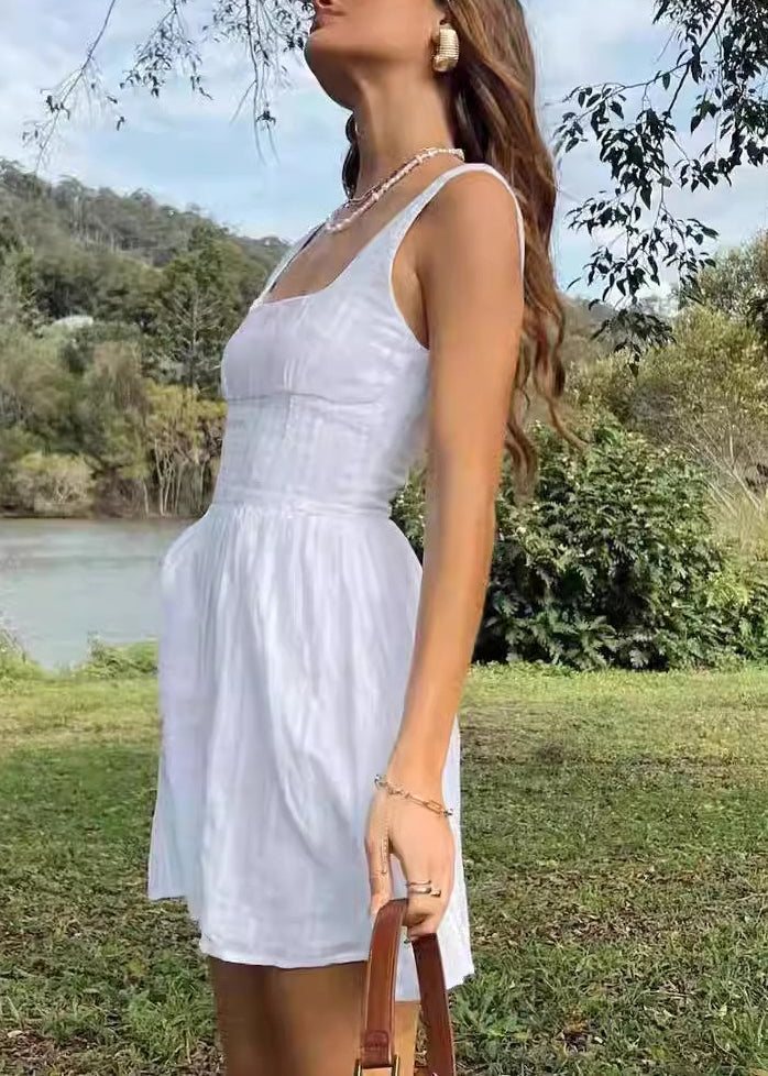 Style White Square Collar Cotton Mini Dress Summer