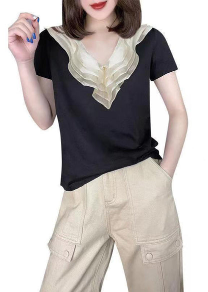 Style Black V Neck Ruffled Patchwork Silk Blouse Tops Summer